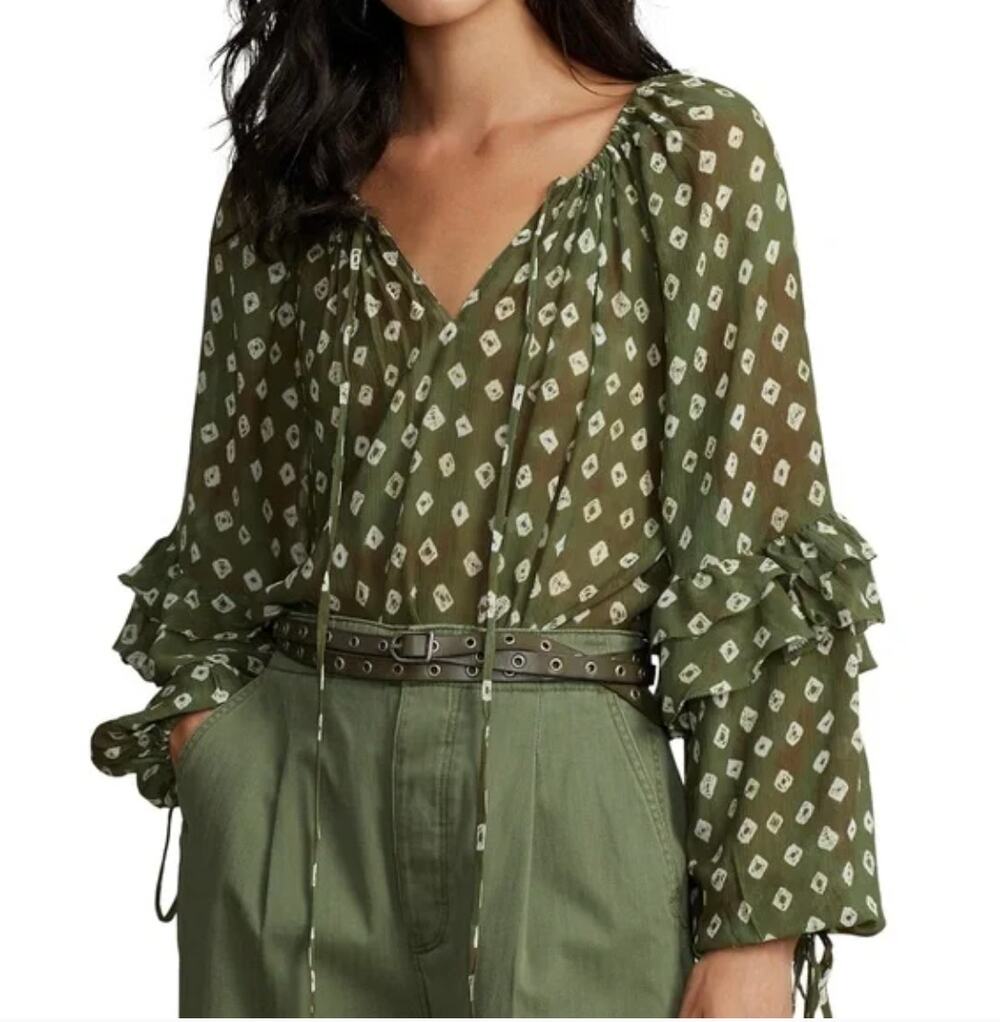 Polo Ralph Lauren Geometric Print Ruffle Sleeve Blouse Silk Blend Green S